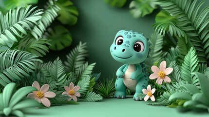 Adorable Baby Dino in Lush Tropical Paradise 