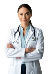Fototapeta premium Female doctor portrait isolated on transparent background, Young woman with stethoscope