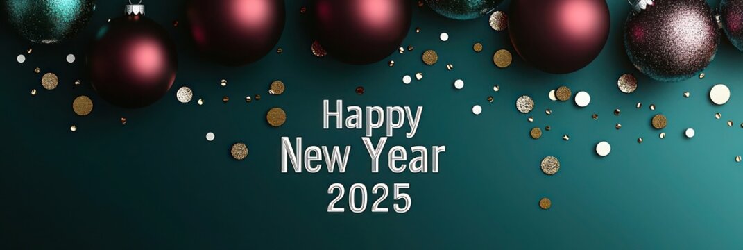 Minimalist design with maroon and dark teal baubles, hints of gold confetti, "Happy New Year" in a small clean font, and "2025" in bold silver letters for a fresh look.