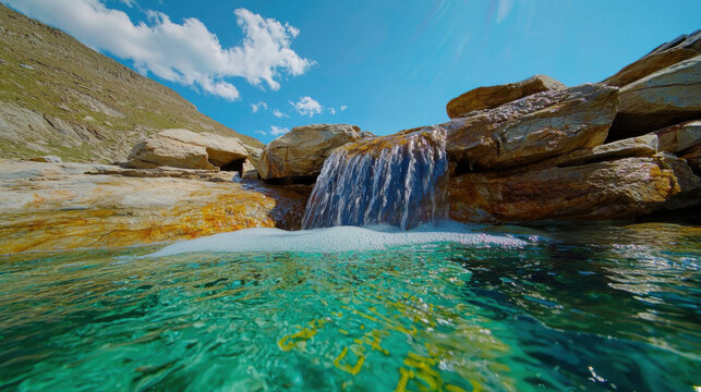 Cascading waterfall over rocks with clear turquoise water and blue sky