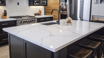 Modern Kitchen Island White Quartz Countertop Dark Cabinets