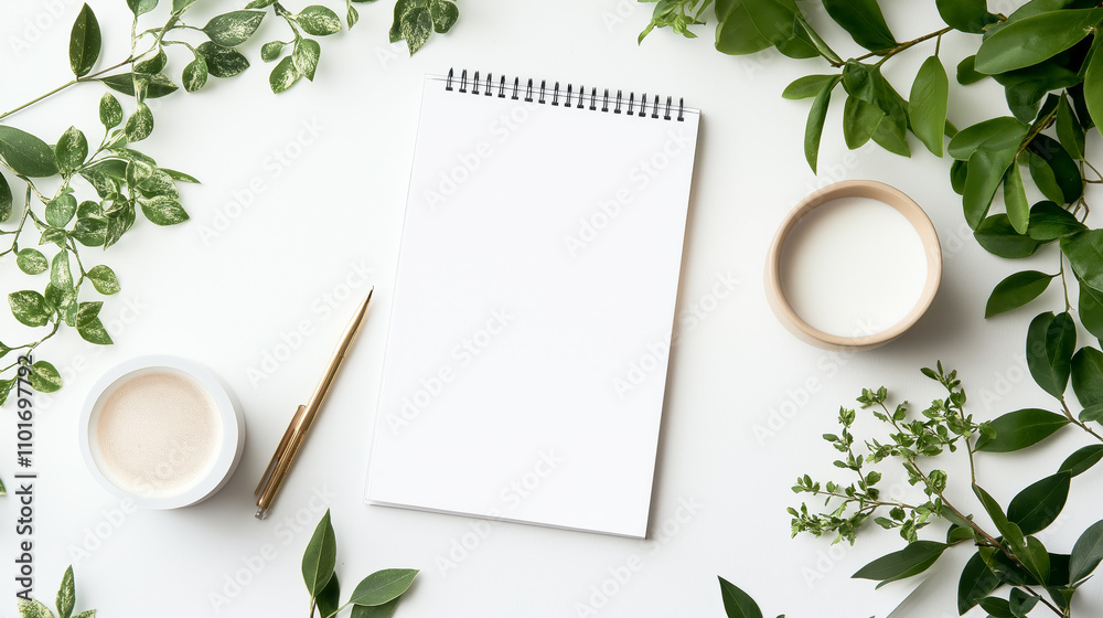 Poster White table copy space office background with office supplies and notebook. White empty table template close up workplace tabletop with laptop and plant. Office concept table with coffee cups