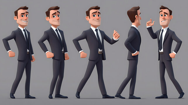 A stylized character in a suit showcasing various poses and expressions.