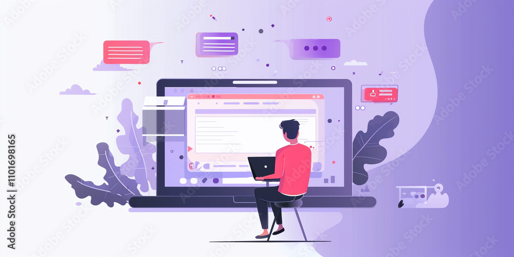 Wall mural illustration of a person coding on a laptop with a large abstracted computer interface in the backgr
