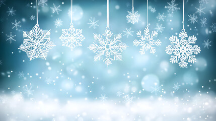 Winter card with white frosty snowflake on blue bokeh background. Magical macro snow backdrop. Holiday celebration greeting card for Christmas New Year. Xmas banner. Winter season concept.