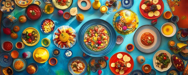 Vibrant overhead shot of diverse, colorful dishes. A feast of global cuisine, perfect for food blogs, restaurant menus, and culinary themes.