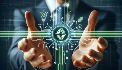 Flat Macro Digital Circuit Connection Hands Eco-Friendly Technology Sustainability Illustration