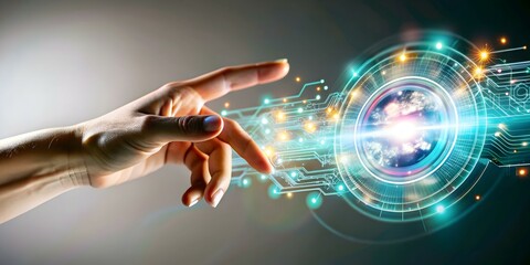 Abstract Human Hand Reaching Digital Interface Technology Interaction Holographic Elements Copy Space