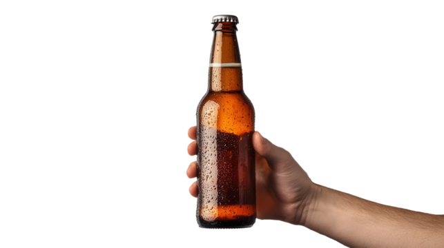 Hand holding beer bottle beverage isolated on transparent background