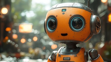 Cute Futuristic Robot with Big Expressive Eyes on City Street