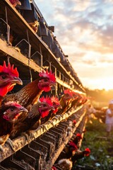 Obraz premium Sunset, chickens in cages, rural farm.