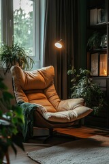 Cozy armchair, plants, warm lighting, relaxing room.