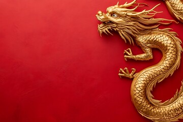 Fototapeta premium Golden dragon figurine on a vibrant red background, symbolizing chinese new year and cultural celebrations