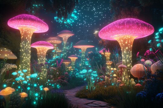 Enchanted glowing mushroom forest path.  Fantasy art, vibrant bioluminescent fungi, magical night scene. Perfect for fantasy backgrounds, game design, or whimsical art.