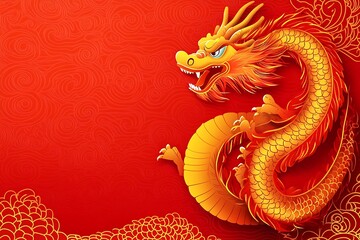 Fototapeta premium Golden dragon on red background with traditional chinese pattern celebrating lunar new year