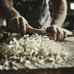 Dynamic shot of a woodworker smoothing timber with traditional tools