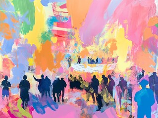 Rear view of whimsical time travelers witnessing the signing of the Declaration of Independence, vibrant colors, playful characters, surreal atmosphere