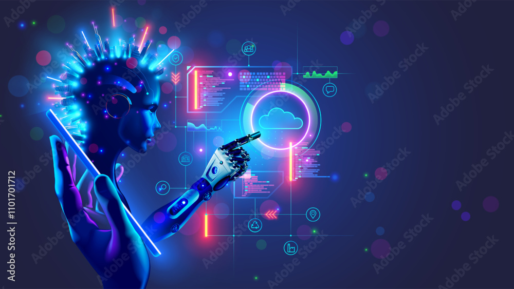 Poster AI. Digital AI in phone in hand. AI Bot on screen mobile smartphone communication with cloud computing. Artificial intelligence Processing Big Data and Cloud Computing. Chatbot AI mobile technology.
