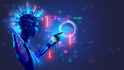 AI. Digital AI in phone in hand. AI Bot on screen mobile smartphone communication with cloud computing. Artificial intelligence Processing Big Data and Cloud Computing. Chatbot AI mobile technology.