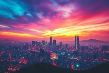Fototapeta premium City skyline sunset, vibrant colors, illuminated buildings.