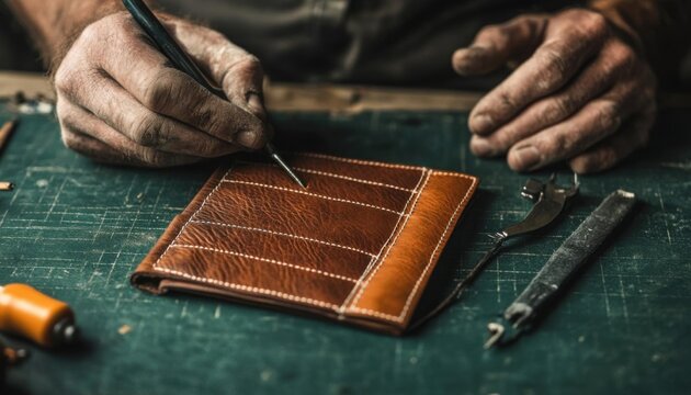 Leather artisan crafting a journal cover, stitching and tools in focus, focus cover all  object, deep depth of field, no blur, photo not dark, everything is clear, copy space