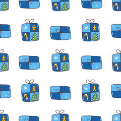 Seamless Christmas pattern with festive gift boxes on white background. Merry Christmas and Happy New Year. Winter holiday. Colorful vector illustration hand drawn doodle. Print for paper or fabric