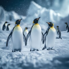Fototapeta premium Three penguins standing on a snowy surface. The penguins are holding hands and looking at the camera