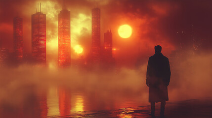 Fototapeta premium Mysterious figure overlooks a futuristic skyline under a glowing sunset with fog. Generative AI