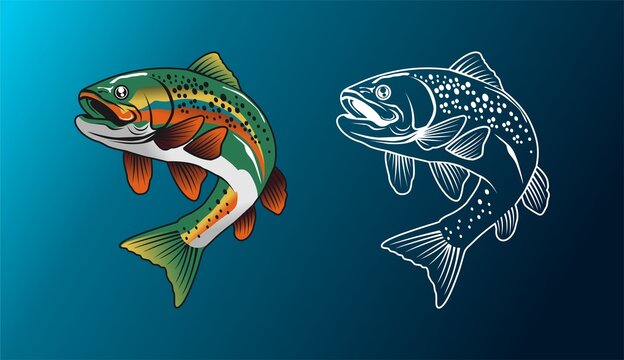 rainbow trout jumping out of water fishing logo vector illustration