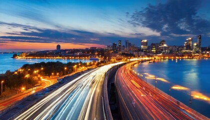 The vibrant motion blur of vehicles on a bustling urban highway during the evening rush hour, with a stunning city skyline in the background reflecting the energy of metropolitan life.