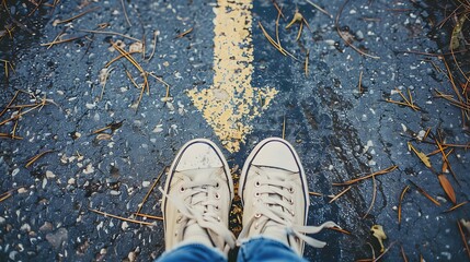 A pair of sneakers stands on a path marked by a yellow arrow, surrounded by fallen leaves.