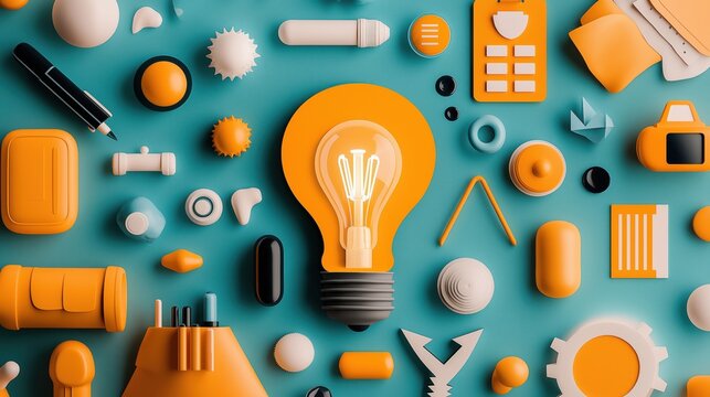 Creative concept with illuminated light bulb surrounded by various geometric objects on blue background