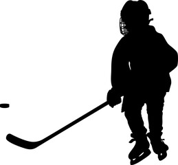 Naklejka premium HOCKEY Kid, Child, Minor (Youth) Hockey Mite PLAYER back, skater figure from behind, shape, black silhouette, line drawing illustration, clear PNG transparent