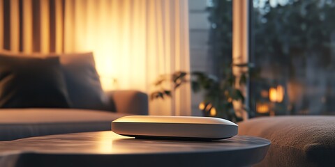 Modern smart device on a coffee table in a cozy living room. Warm evening light creates a relaxing atmosphere.