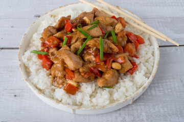 Top view of Kung Pao Chicken in a bowl