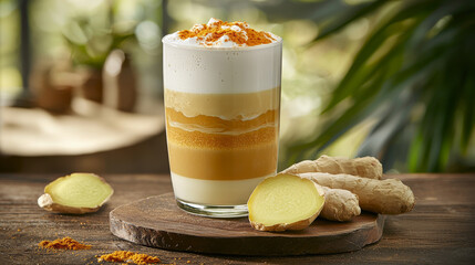 Golden milk latte with ginger slices, showcasing vibrant layers and creamy texture. This delightful beverage is perfect for cozy moment, surrounded by nature