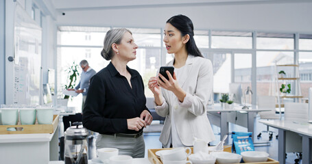 Business women, coffee break and mobile phone with email, news and conversation as employee. Female...