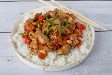Top view of Kung Pao Chicken in a bowl