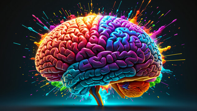 Concept art of a human brain exploding with knowledge and creativity