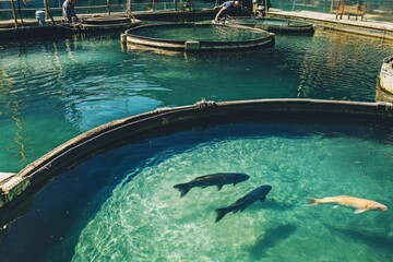 Fish farm, workers, circular tanks, koi.