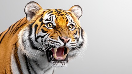 Fototapeta premium Close-up studio shot of a tiger's head and upper body, displaying a fierce expression with its mouth open.