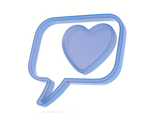 Fototapeta premium Blue Speech bubble and heart on white background. Isolated 3D illustration