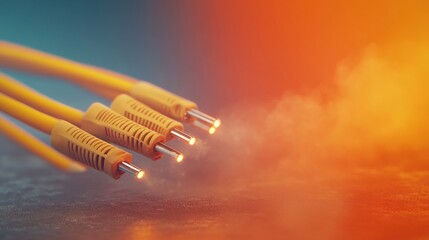 Fototapeta premium Fiber Optic Systems with Support Solutions,A vibrant image featuring multiple yellow cables emitting light against a colorful, smoky background.