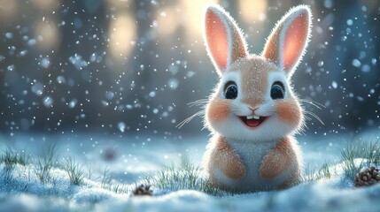 Obraz premium Cheerful Rabbit Enjoying Snowy Winter Wonderland with Sparkling Bokeh