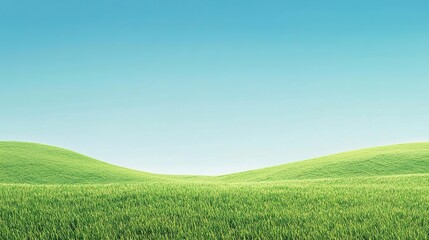 Fototapeta premium Serene Meadow: Expansive green field with rolling hills under a clear blue sky. A tranquil scene of nature's beauty, perfect for showcasing peace and tranquility. 