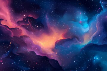 Obraz premium A vibrant cosmic scene featuring colorful nebulae and twinkling stars in a dark space backdrop.