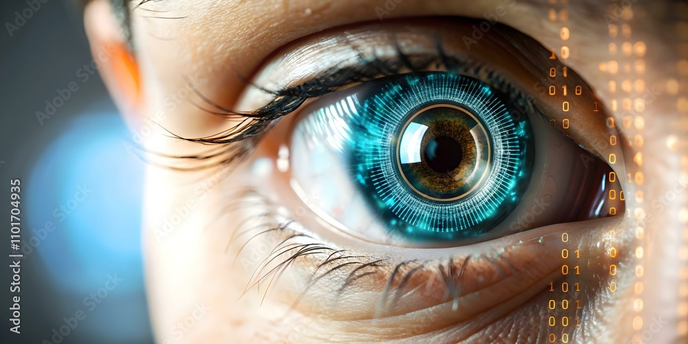 Wall mural technician's eye reflecting digital code in manufacturing transformation macro image
