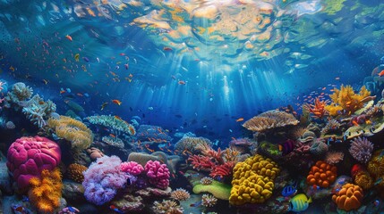 A beautiful landscape of a coral reef, teeming with marine life and color