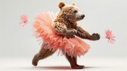 Obraz premium A beautiful bear wearing a bear costume and tutu, ballet dancing on a white background