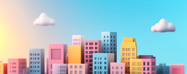 Pastel-colored cityscape under a bright sunny sky.  Ideal for real estate, urban development, and children's concepts.